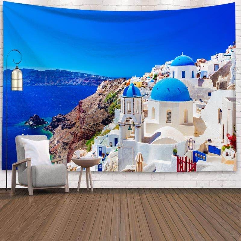 Aesthetic Tapestry - Santorini Greece Scenery Tapestry Blue Dome