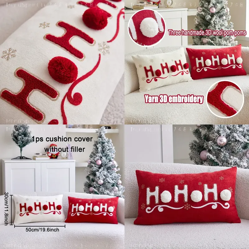 Home Christmas Decor - 1pc Terry Embroidery HOHOHO Christmas Pillowcase